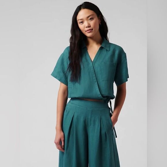 Athleta Women’s Tie Top Short Sleeve 100% Linen Borealis Green Size Medium $79 - Picture 2 of 15